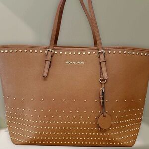 Michael Kors Jet Set Gold Studded Brown Leather Tote Bag EUC